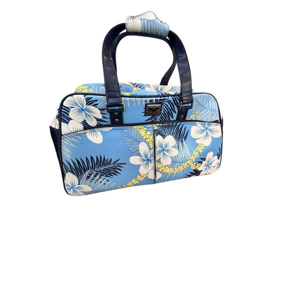 Vintage ROXY Blue White Floral Print Leather Rolling Duffle Bag - Picture 2 of 12